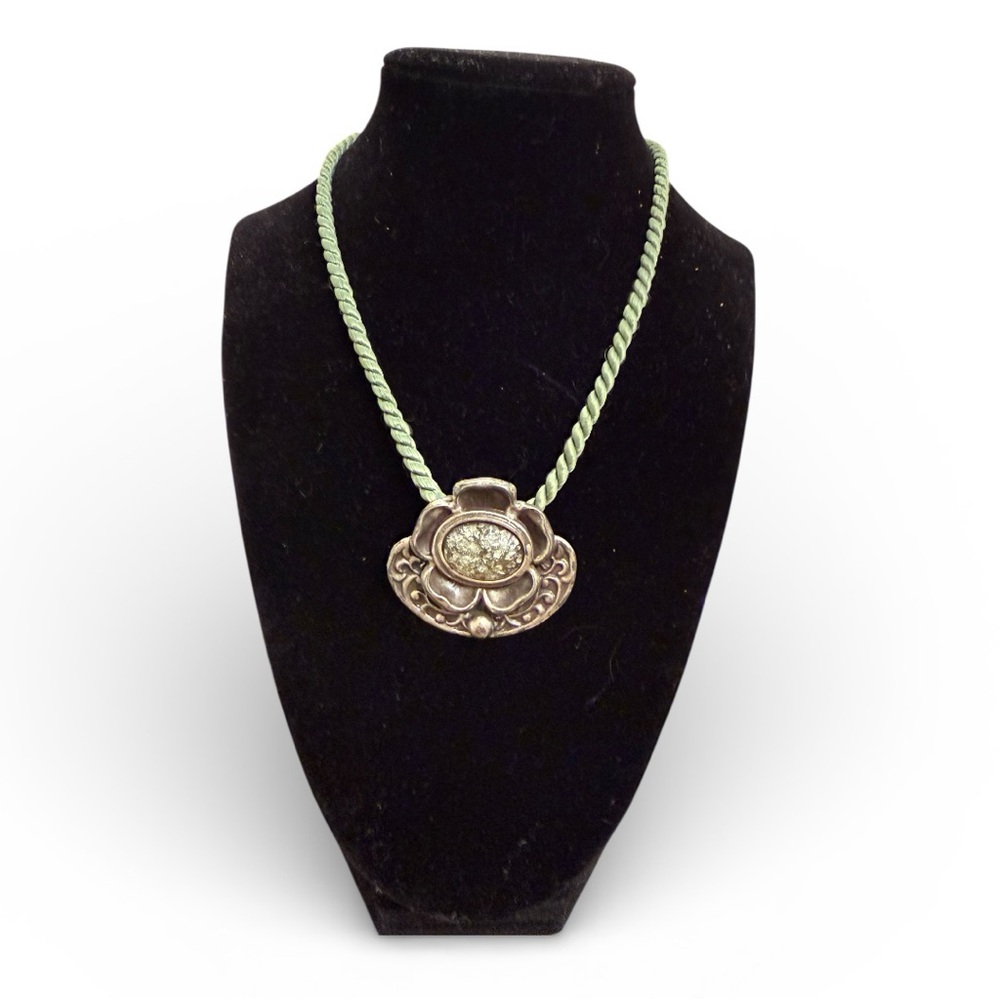Floral Silver Pendant Necklace with Green Cord